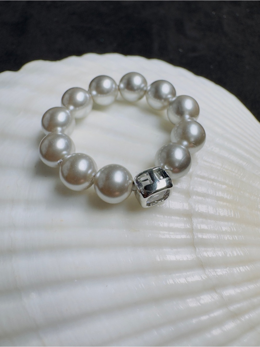 Faux Pearl Stretch Ring with CZ Statement Accent